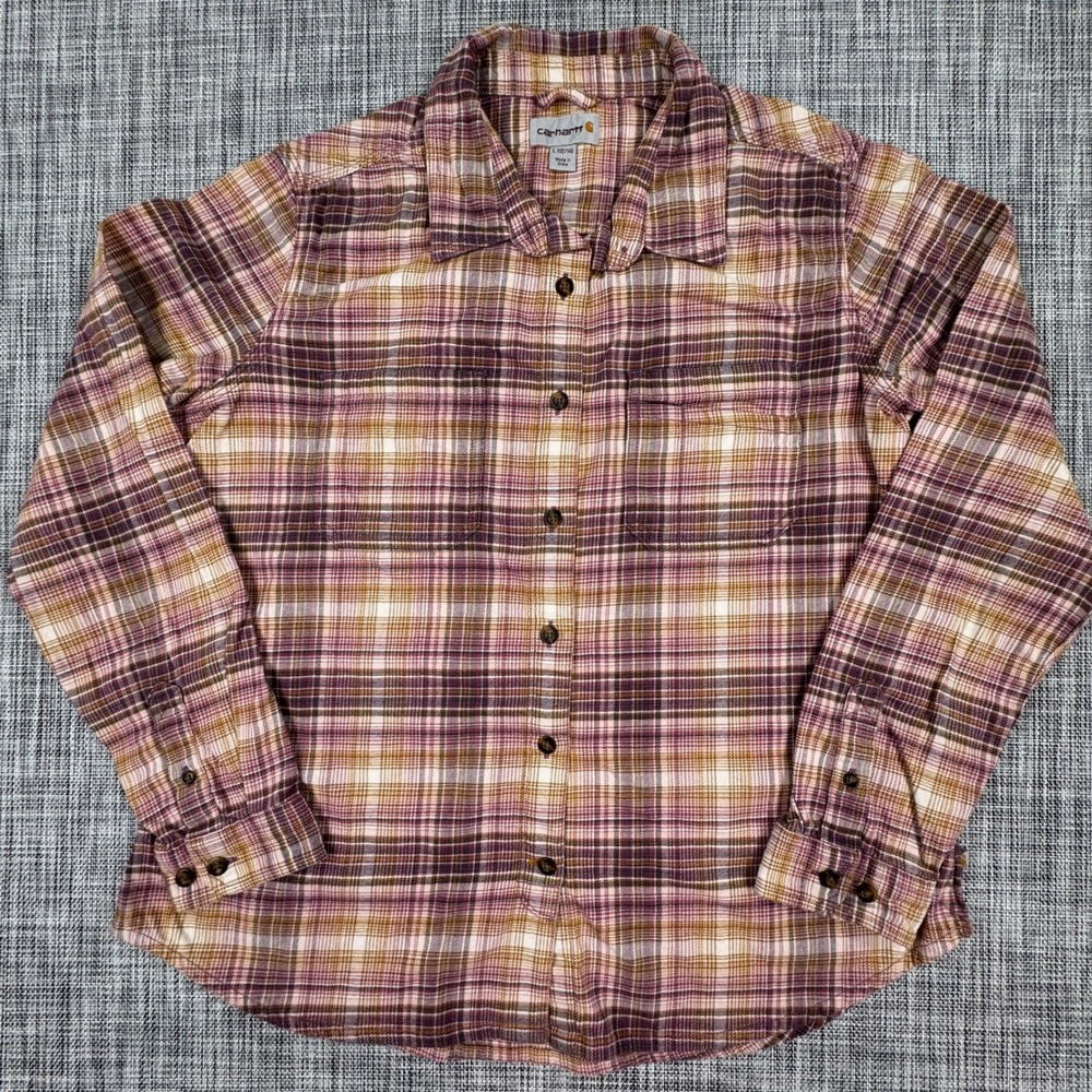 Carhartt Womens Large Plaid Flannel Shirt Purple Stretch Cotton Long Sleeve